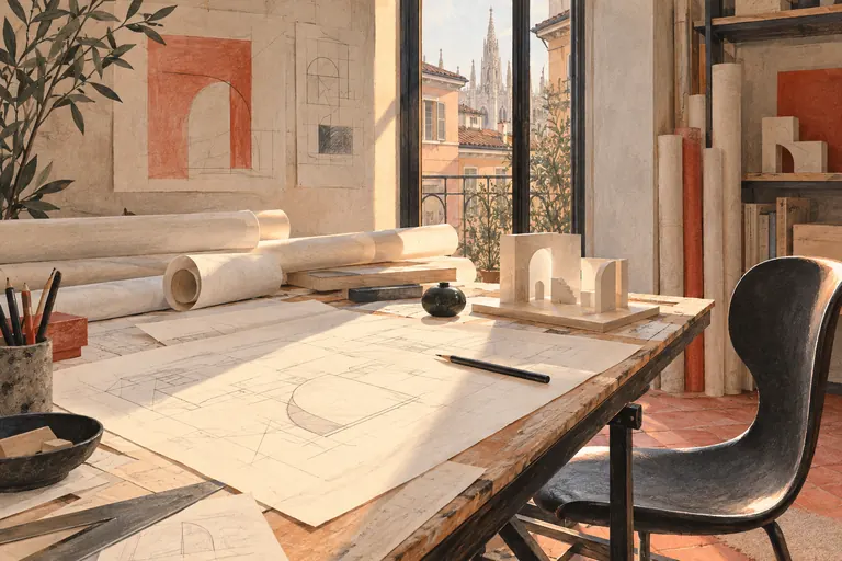 Conceptual illustration of a drafting desk, rolled drawings, card model and curved chair in an imagined Milan studio; not a reconstruction of Vico Magistretti’s workplace.