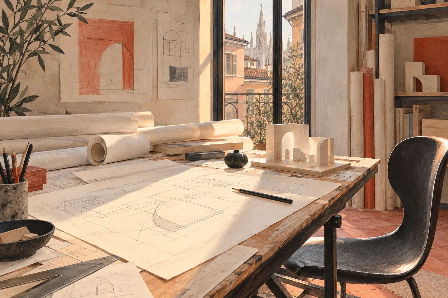 Conceptual illustration of a drafting desk, rolled drawings, card model and curved chair in an imagined Milan studio; not a reconstruction of Vico Magistretti’s workplace.