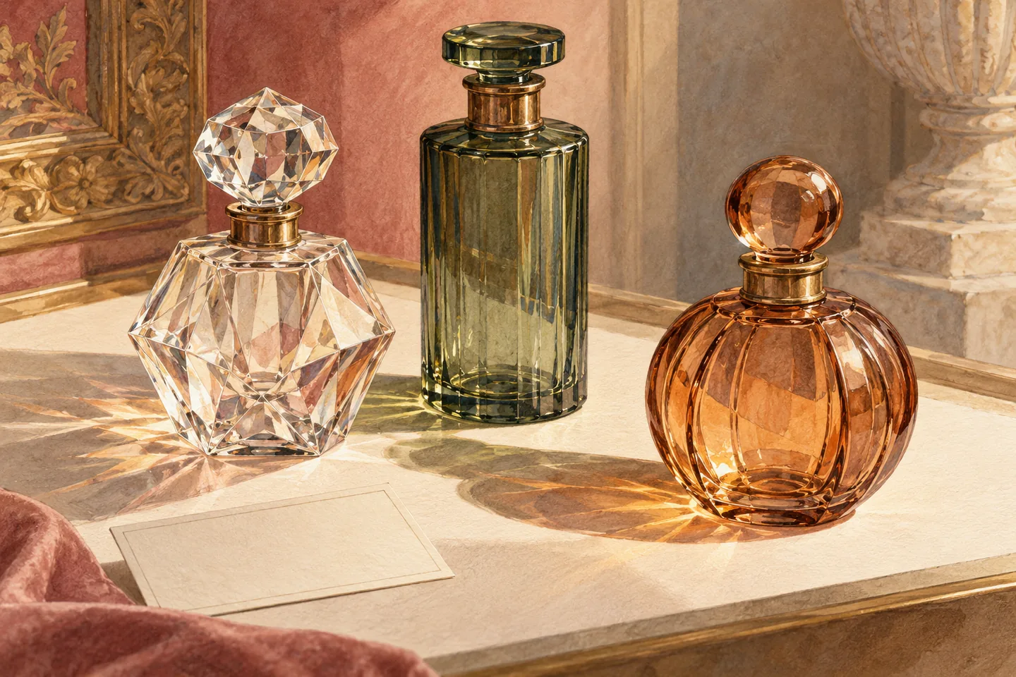 Watercolour still life of three invented unbranded perfume bottles in clear, green and amber glass beside a blank card; an editorial study rather than an actual collection photograph.