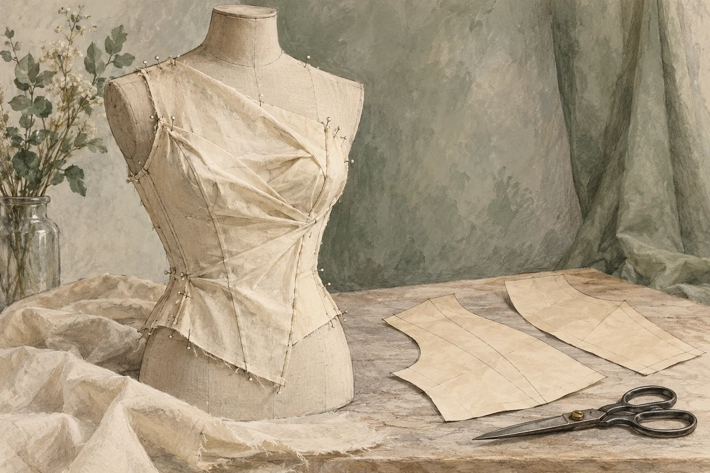 Editorial watercolor of an imagined cream-cloth bodice prototype pinned to a dress form beside paper patterns and closed scissors.
