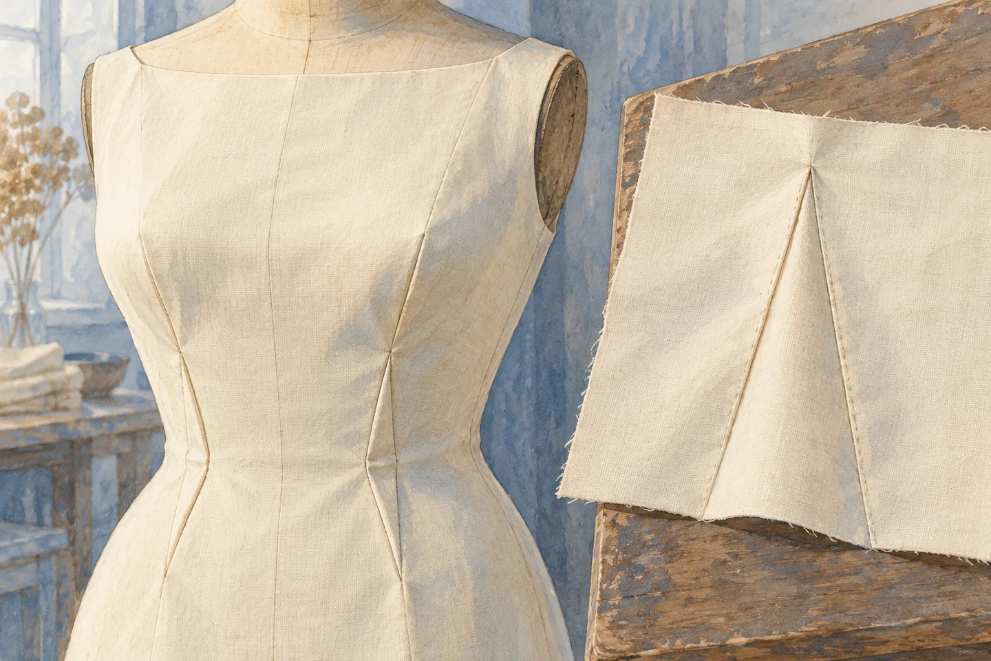 Editorial illustration of a cream shaped bodice and a folded cloth sample in a quiet workroom.