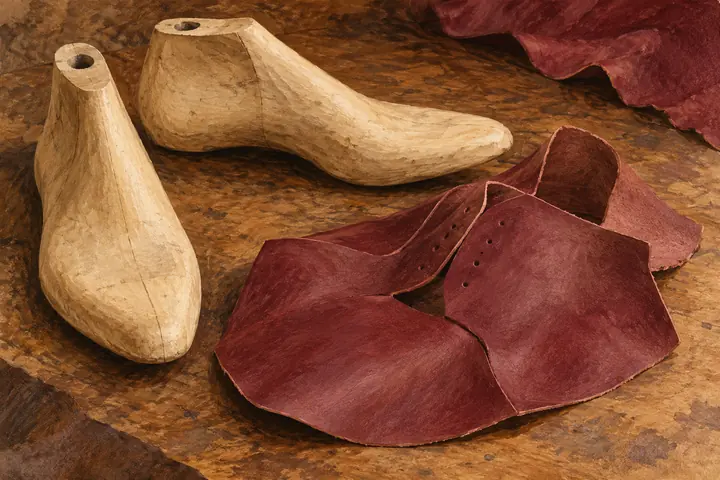 Editorial illustration of two wooden shoemaking lasts beside an unfinished burgundy leather upper.