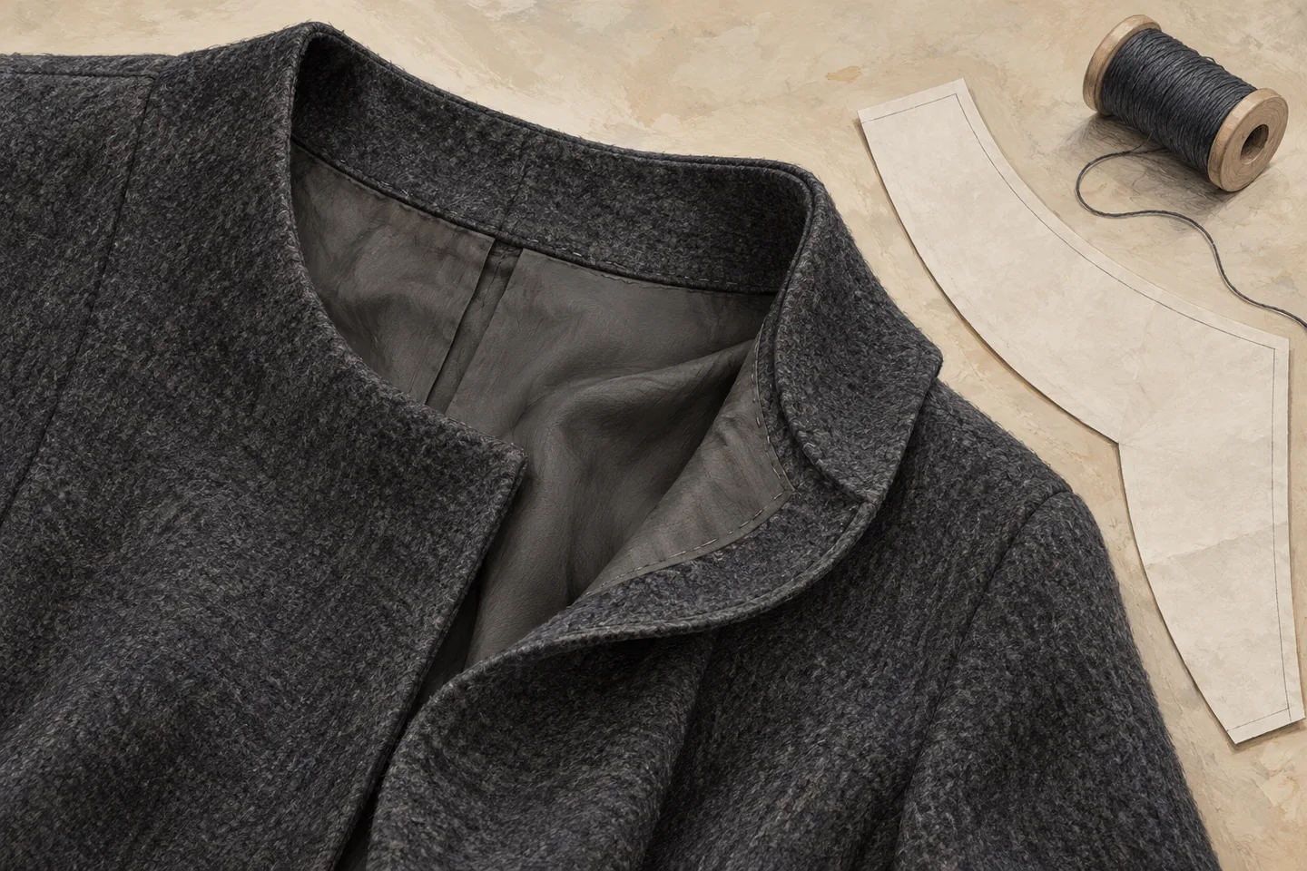 Editorial textile study of an invented charcoal jacket neckline, folded facing, lining and curved paper pattern.
