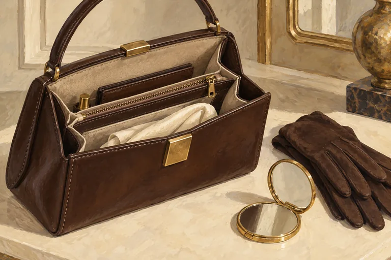 Editorial illustration of an invented open brown leather bag with divided lining, a small mirror and gloves.