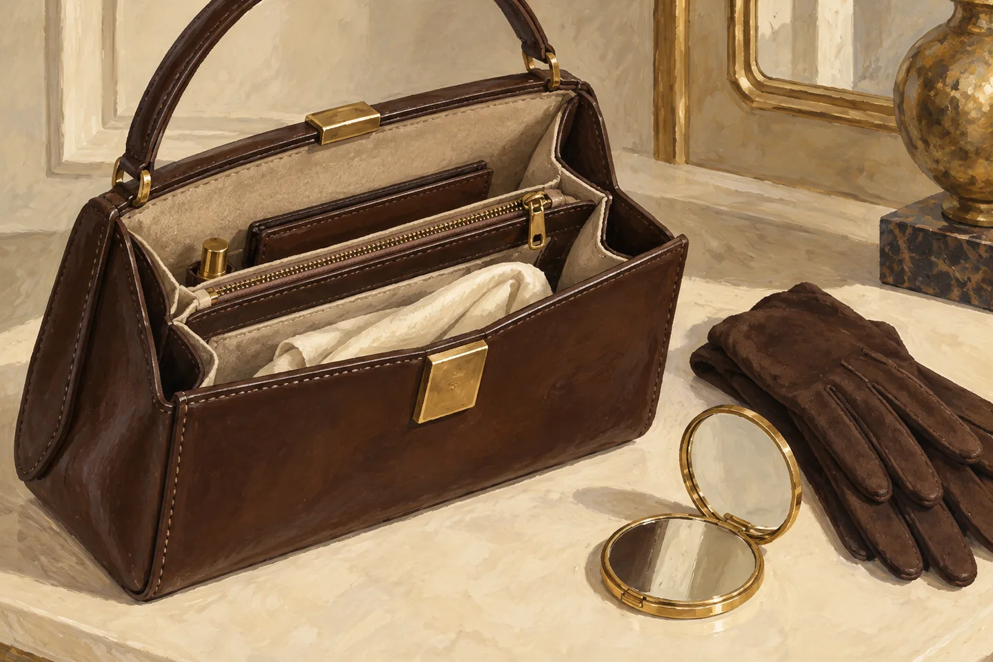 Editorial illustration of an invented open brown leather bag with divided lining, a small mirror and gloves.