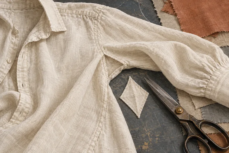 Editorial textile study of an invented cream linen shirt, a diamond-shaped fabric insert and tailor’s scissors on a dark table.