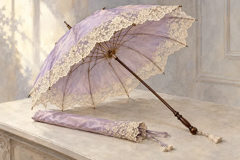 Editorial watercolor of an invented lilac parasol with pale lace, slender ribs and a dark wooden handle beside a fabric sleeve.