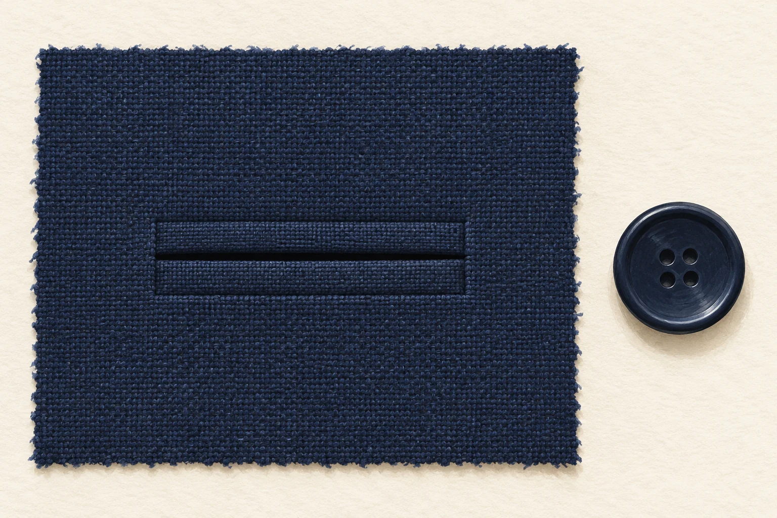 Editorial gouache of a navy fabric sample with two flat folded buttonhole lips and a separate dark button on ivory paper.