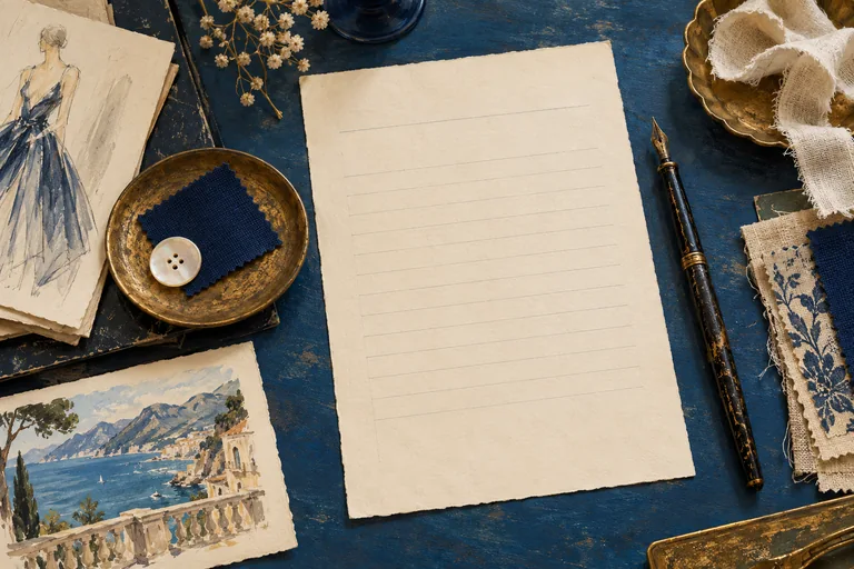 Editorial archive still life with a blank ruled invoice sheet, fountain pen, fabric swatch and pearl-coloured button.