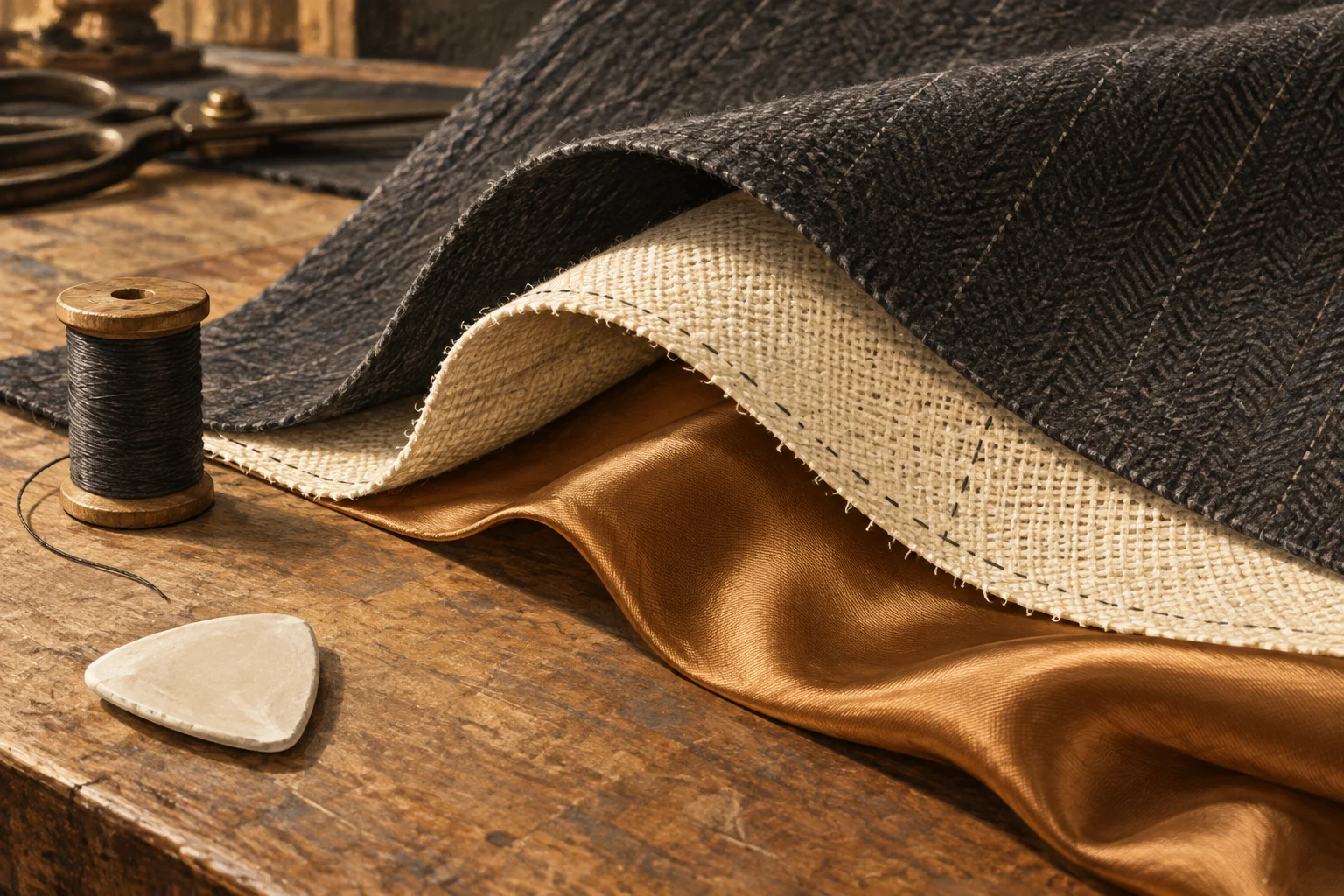 Editorial fabric study with charcoal outer cloth, pale canvas and bronze lining folded into three distinct layers beside chalk and thread.