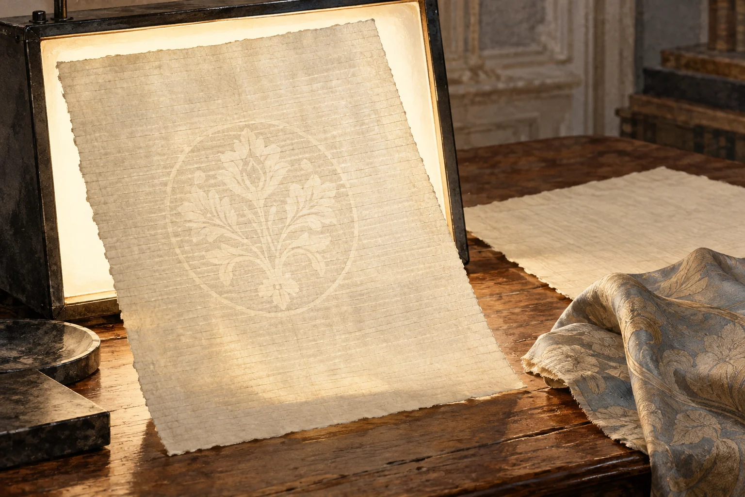 Editorial archive illustration of a translucent blank sheet with an imagined floral watermark, an examination light and folded patterned cloth.