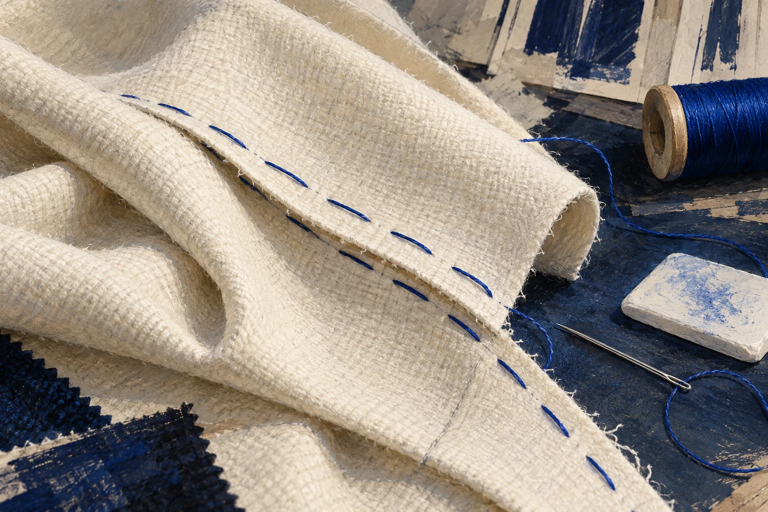 Editorial fabric illustration of long blue basting stitches joining cream cloth beside a needle, thread spool and tailor’s chalk.