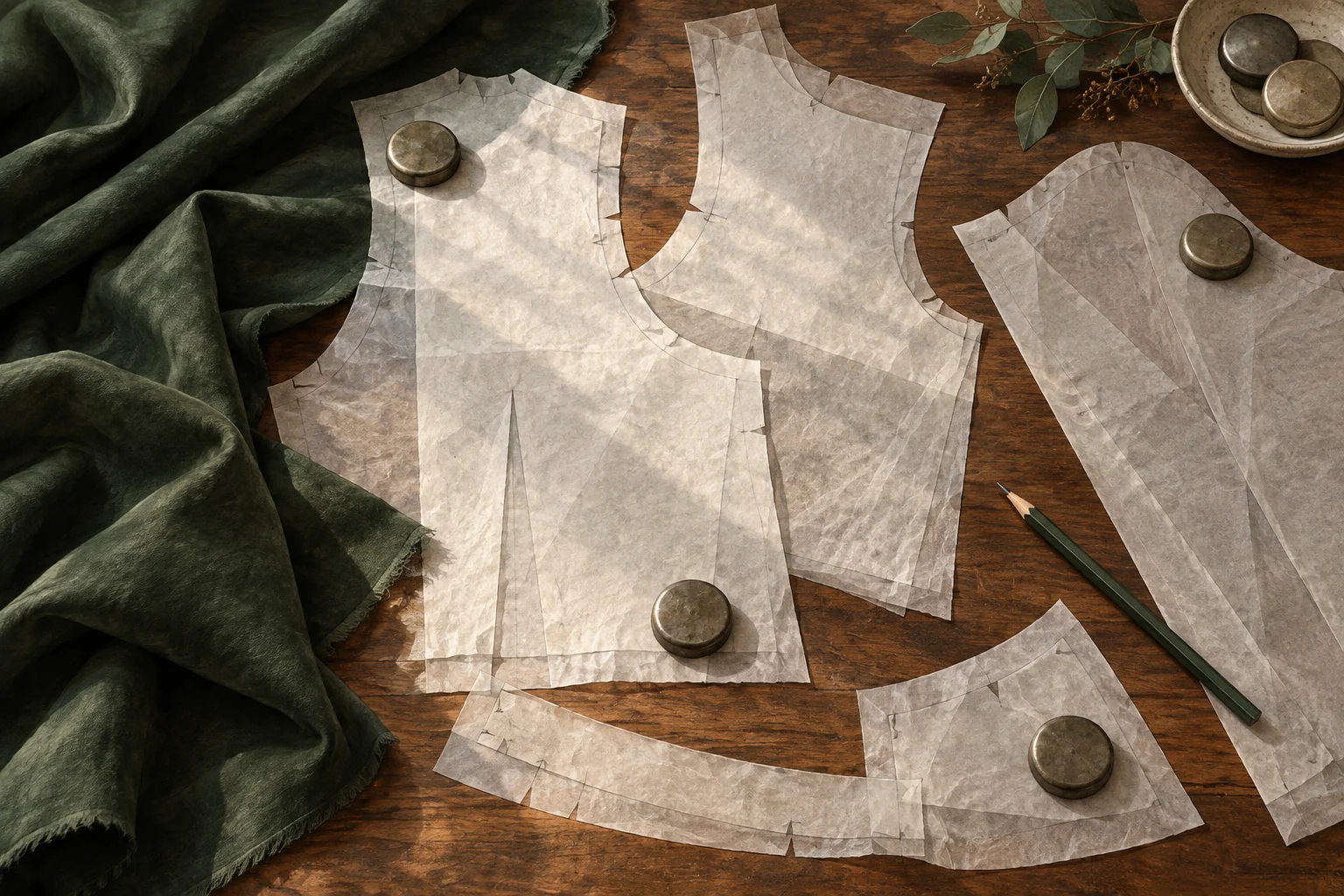 Editorial atelier still life of translucent pattern shapes, small metal weights, a pencil and dark green cloth on a wooden table.